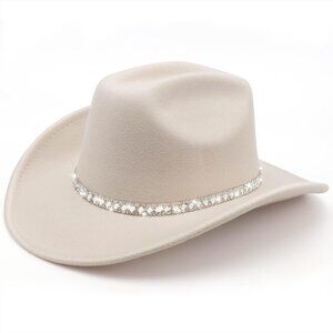 Women's White Western Faux Sparkling Rhinestone Band Fedora Cowboy Felt Hat